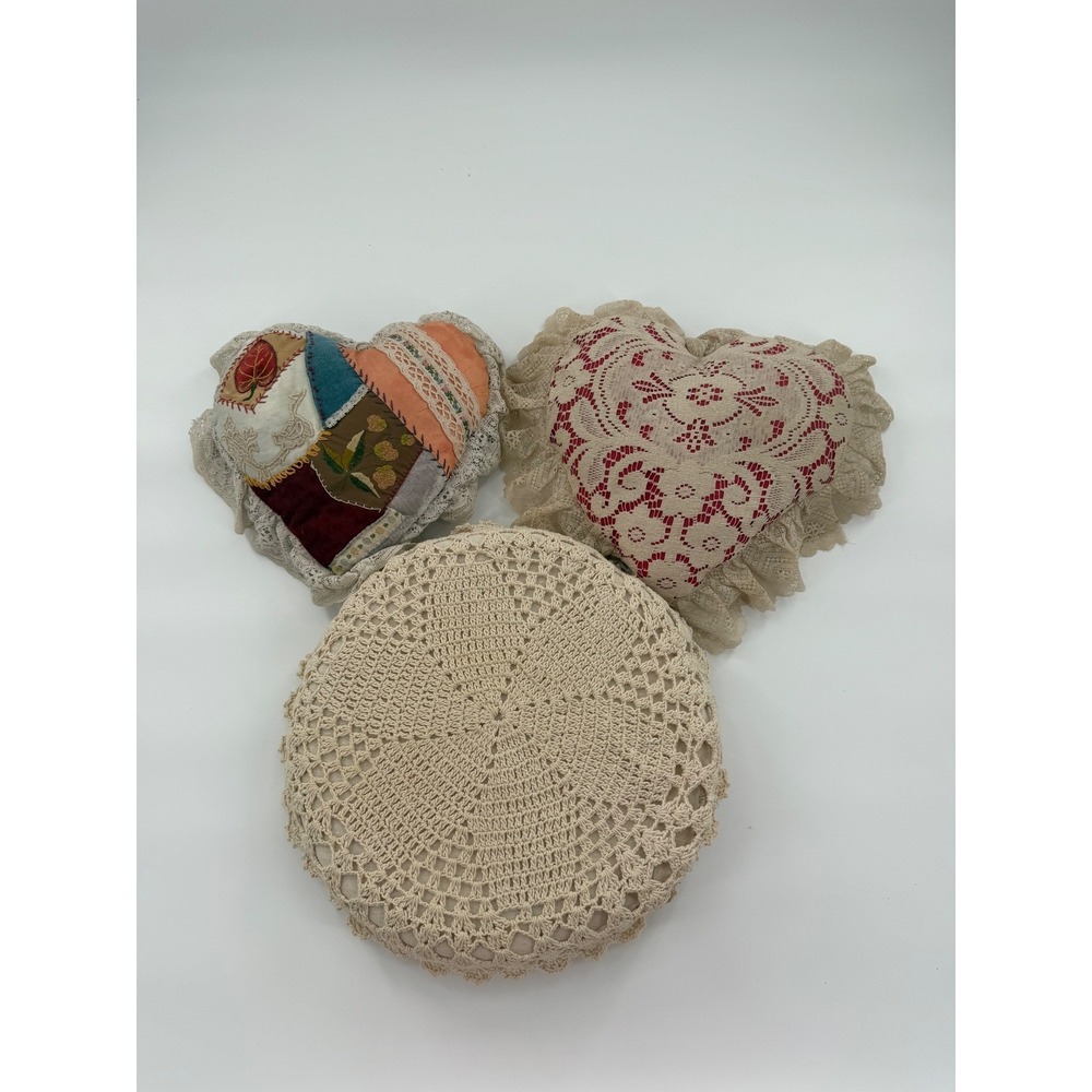 Vintage Handmade Decorative Pillows Set 3 Heart Patchwork Crochet Lace Cream